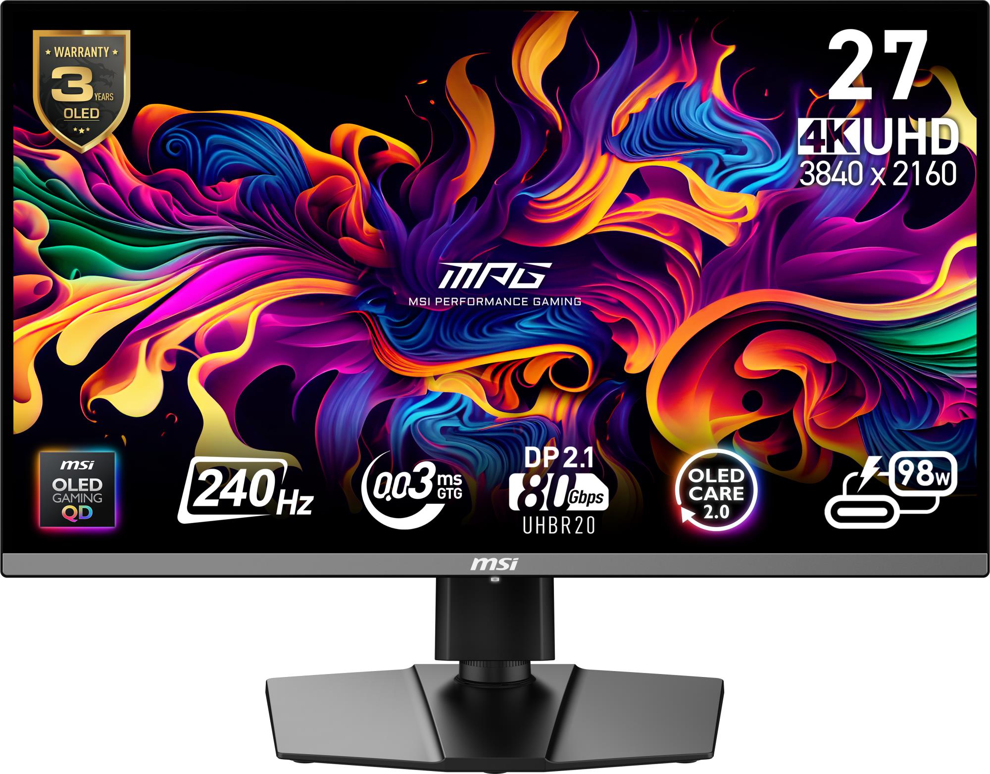 Monitor MSI MPG 272URX QD-OLED 27" /4K Matte Panel QD-OLED 3840x2160 16:9 240 ?? 0.03 ms Swivel Pivot Height adjustable Tilt Colour Black MPG272URXQD-OLED